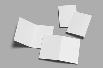 Blank half-folded and cover booklet, postcard, flyer or brochure mockup template on gray background.