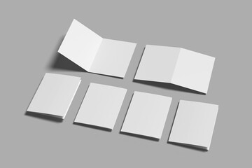 Collection of various blank folded leaflet or a desktop calendar white paper on white background. each one is shot separately.