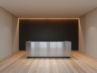 Minimal reception desk in modern lobby with warm lighting, clean interior architecture background with copy space.