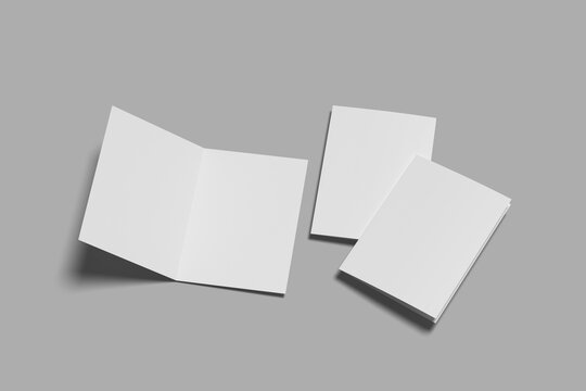 Cover bifold half-folded blank papers (booklets, postcards, flyers or brochures) mockup template on gray background