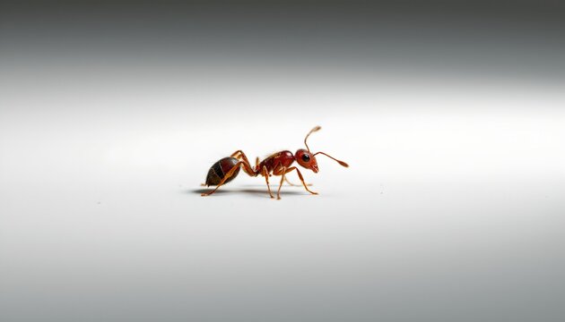 A single red ant with antennae standing on a white surface.