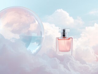 Perfume bottle floating in pastel clouds with bokeh sphere, dreamy beauty concept background with copy space.