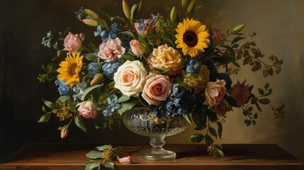 Fototapeta premium Vibrant flower arrangement in crystal vase