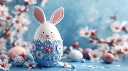 A whimsical Easter scene with an egg decorated as a bunny, surrounded by blooming branches and colored eggs on a soft blue background