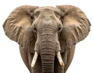 A close-up portrait of a majestic gray animal with large ears and prominent tusks, isolated on a black background