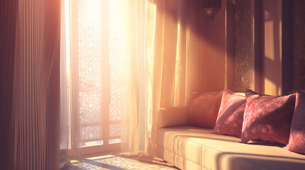 Calm joyful atmosphere defines a bright living room decorated for Eid al-Fitr