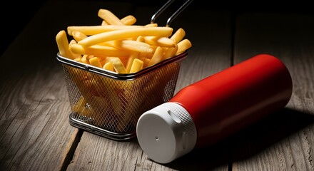 French Fries in Basket with Red Thermos on Wooden Table
