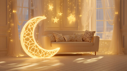 Calm joyful atmosphere defines a bright living room decorated for Eid al-Fitr