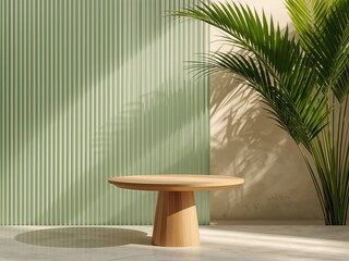 Minimal wooden table on striped wall with palm plant shadows, modern interior product display with copy space.