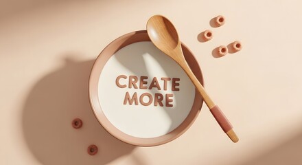Wooden Spoon and Bowl with CREATE MORE Text on Creamy Surface