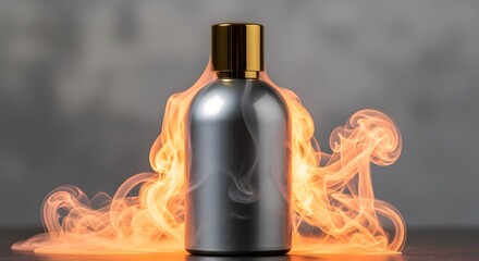 Flaming Metal Bottle with Gold Cap on Dark Surface
