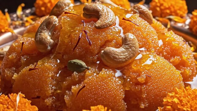 Close up of vibrant orange semolina halwa dessert garnished with cashews and saffron threads served in a copper bowl with marigold flowers decorating the edges warm lighting highlights the rich