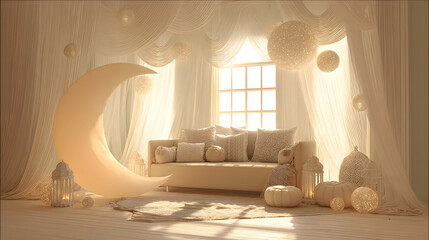 Fresh color tones enrich a bright living room interior during Eid al-Fitr