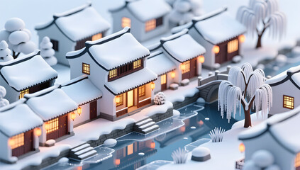 Obraz premium A peaceful snowy night in a southern watertown