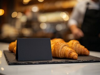 Blank menu card on counter with fresh croissants, warm cafe background, food service mockup with bokeh.