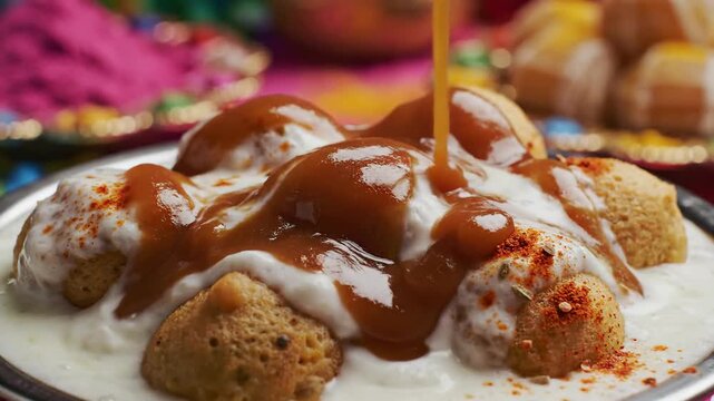 Delicious Indian Street Food Dish Dahi Vada Prepared with Yogurt Tamarind Chutney and Spices Close Up Macro Shot with Colorful Background and Holi Powder