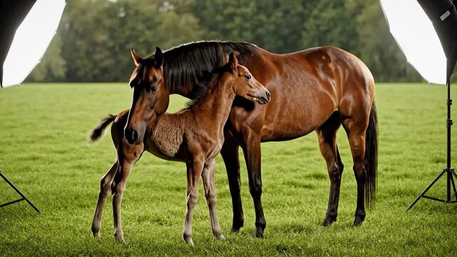 A mother horse and foal stand on a green field, lit by photography studio lights