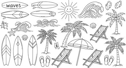 Hand Drawn Summer Beach Doodles Collection with Surfboards, Palm Trees, Ocean Waves, Sun, Tropical Leaves, Flip Flops, and Sand Lounge Chairs
