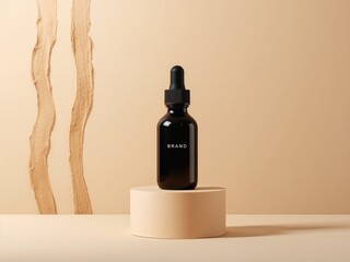 Black cosmetic dropper bottle on round podium, beige background with shadows, minimal skincare product mockup.