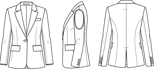 Blazer, tailored jacket, front view, side view, back view, notched lapel, button cuff, flap pocket, chest pocket, double vent, fashion sketch