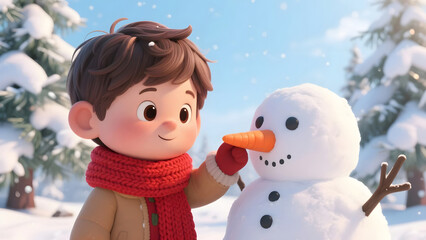 A Child Adding a Carrot Nose to the Snowman