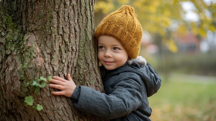 Smiling Young Boy Wearing Yellow Knit Hat Hugging Tree Trunk in Autumn Park Gentle Sunlight