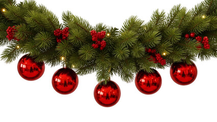 Christmas garland with red ornaments isolated on transparent background