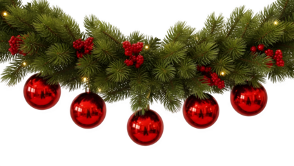 Christmas garland with red ornaments isolated on transparent background