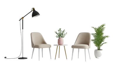 Two chairs with table lamp isolated on transparent background