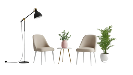 Two chairs with table lamp isolated on transparent background