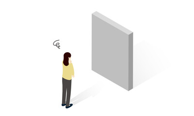 Isometric illustration of a woman facing an obstacle and thinking about a problem / 障害となる壁を前に悩む女性のアイソメトリックイラスト