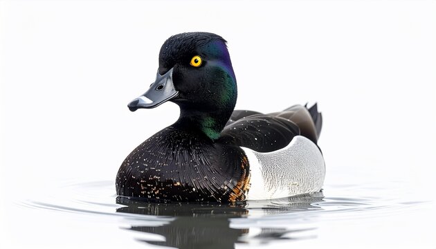A male duck with black head and back, white sides, yellow eye, floating on water