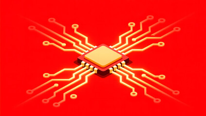 Smart connected chip circuit design in red and gold