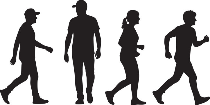 Four black silhouettes of men walking and running on a clean white background