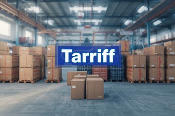 Conceptual image showing the word "tariff" on a blue sign above cardboard boxes in a large warehouse, symbolizing international trade tax, import duties, and logistics costs.
