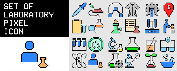 Set of pixel laboratory icon vector for science games and chemistry apps. Ideal for illustrating experiments, research tools, potions, and retro education.