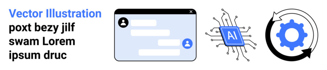 Obraz premium Artificial intelligence, automation tools, chatbot technology, communication systems, machine learning, workflow efficiency. Chat interface, AI chip process system icon. Chatbot and AI technology