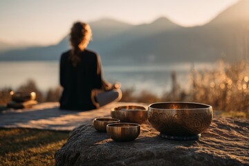 Dawn meditation session outdoors with person sitting cross legged facing sunrise with singing bowls arranged on natural stone beside mountain lake landscape for nature wellness and outdoor therapy.