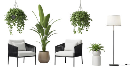 Modern furniture and plants isolated on transparent background