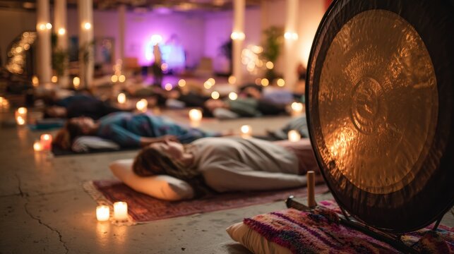 Group meditation class participants lying on yoga mats with blankets during sound healing therapy session with instructor playing large gong in foreground at community wellness studio retreat space. - Powered by Adobe