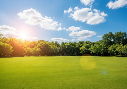A serene landscape with a green field and trees under a sunny blue sky with fluffy white clouds on a beautiful day