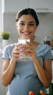 Pregnant woman enjoying a protein shake in a bright kitchen, surrounded by fresh fruits, vertical shot