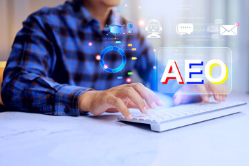 AEO answer engine optimization concept with a man working on computer to optimizing answer user queries definitive ai answer in artificial intelligence search results