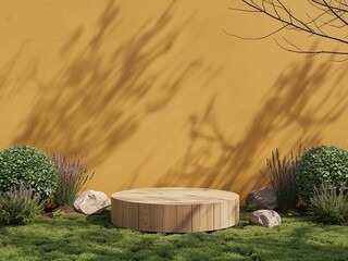 Round wooden podium on beige surface with plant shadows, minimal product display mockup with copy space.