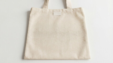 Fototapeta premium Blank tote bag on white background. Cotton tote bag mockup with label patch for Earth Day promo, eco retail branding, reusable tote bag for grocery shopping, minimal product photo studio