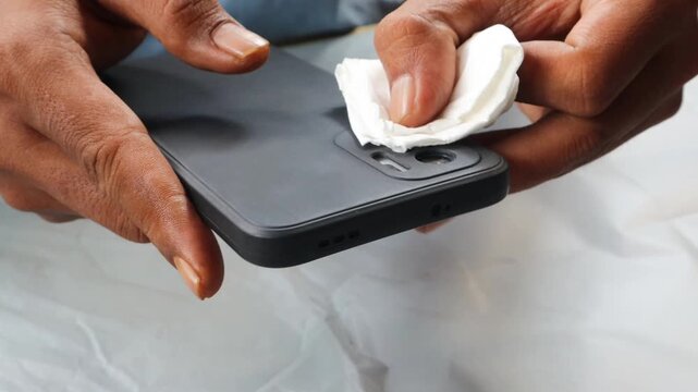 Asian man carefully cleaning a smartphone camera lens with a disinfectant wipe to ensure hygiene. Close-up of a man&rsquo;s hand removing dirt, dust, germs, and bacteria to protect his health and device.