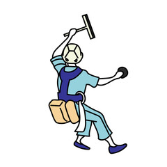 ガラスを掃除する清掃スタッフを描いた親しみやすいキャラクターイラスト｜仕事やサービス業のイメージとして使いやすい清掃作業の人物表現
