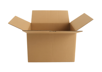 Empty opened cardboard box isolated on transparent background brown carton packaging for shipping delivery storage moving or gift wrap