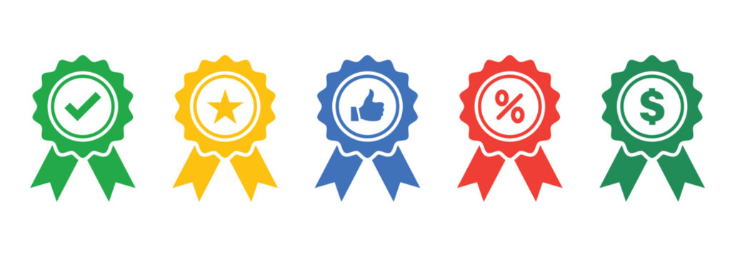 award badge with ribbon icons set check star like percent money vector illustration