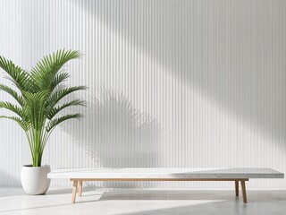 Minimal wooden bench with potted palm and sunlit striped wall, clean modern interior background with copy space.